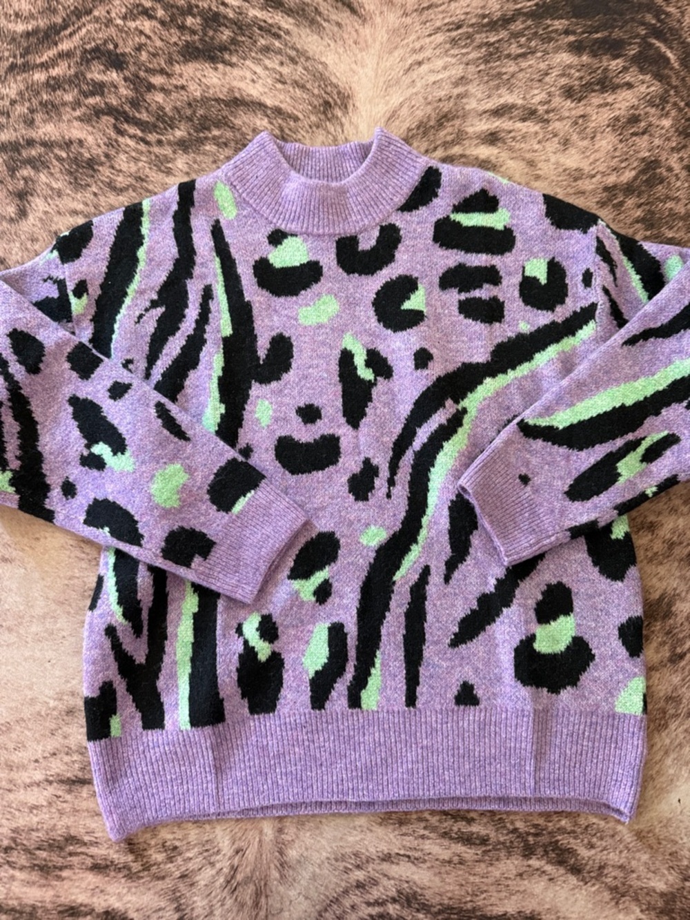 Lavender Animal-Print Turtleneck Sweater with Mint and Black Accents